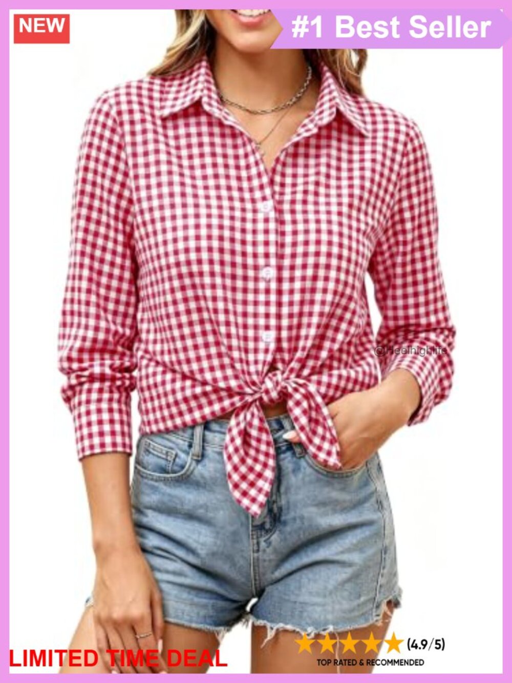 100% Cotton Gingham Button Down Shirt V Neck Slim Fit Blouse